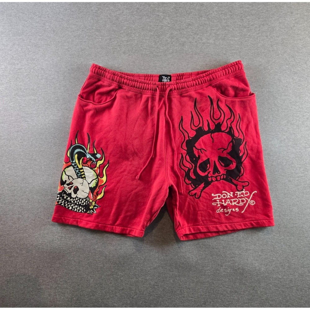 Ed Hardy‎ Shorts Men's XXL Red Tattoo Heart Skull 8" Inseam Drawstrings Stretch